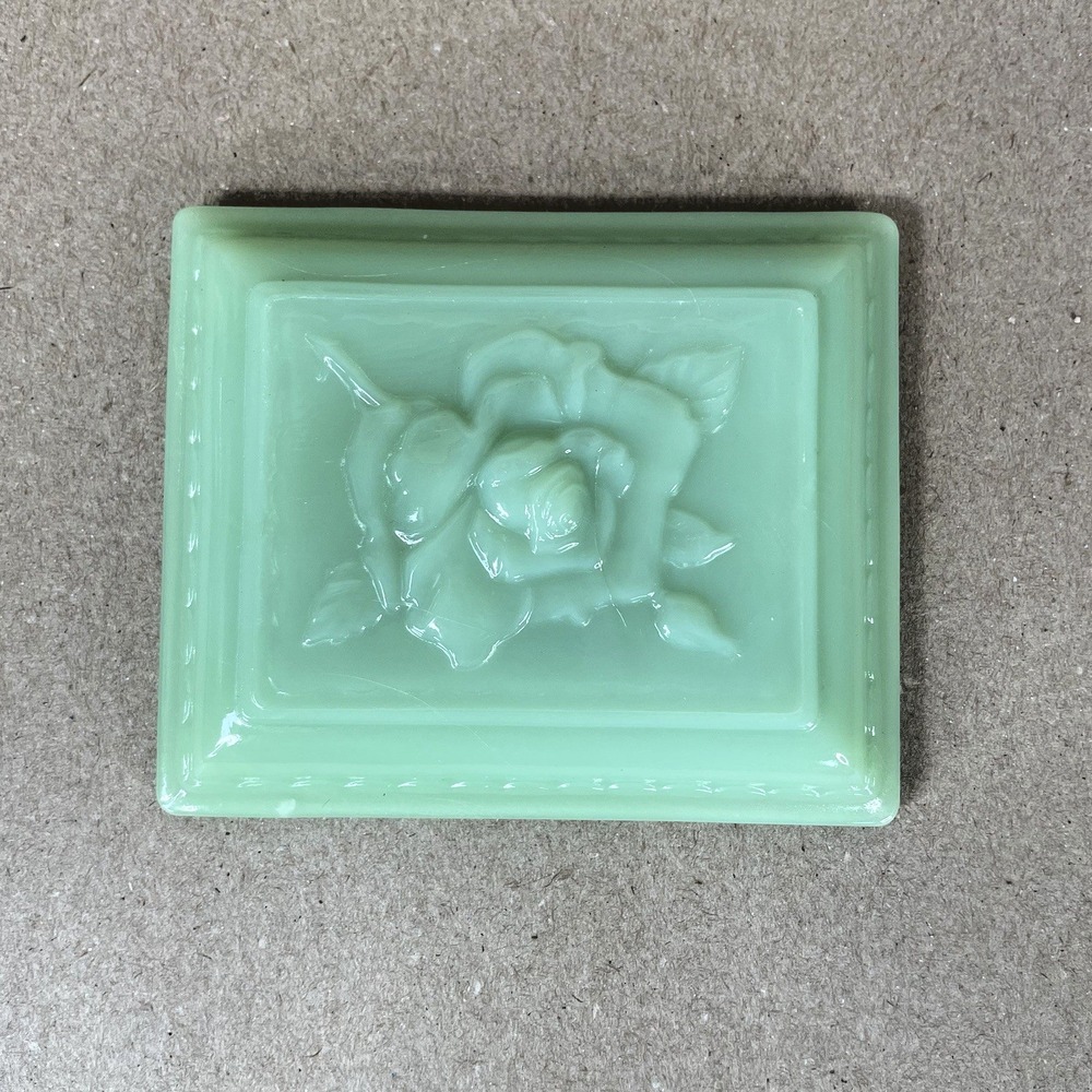 Fire King Jadite Trinket Box LID ONLY Embossed Rose 4 3/8" x 3 5/8" Rectangle